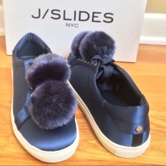 J/SLIDES NYC Cash Satin Faux Fur Pom Pom Sneakers - Picture 4 of 8